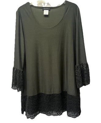 Top de mujer marca Slinky talla L verde cuello redondo encaje ribete túnica elástica manga 3/4 Foto 1 de 4
