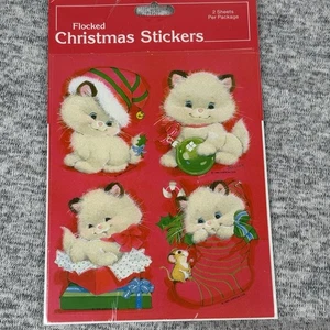 Vtg Gibson Flocked White Cats Stickers Fuzzy Fluffy Christmas 2 Shts Per Pack - Picture 1 of 5
