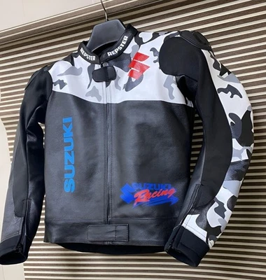 Nueva chaqueta de motociclista protegida de cuero genuino para carreras de motocicletas Suzuki Foto 1 de 4