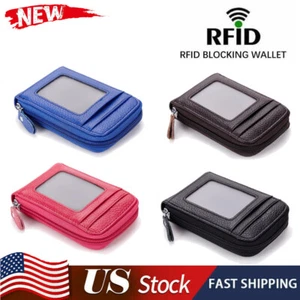 Women Men Leather Wallet ID Credit Card Holder RFID-Blocking Small Zipper Purse - Picture 1 of 17