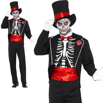 Disfraz Esqueleto Día de Muertos Para Hombre Halloween Vestido Elegante + Sombrero M-XL Foto 1 de 2