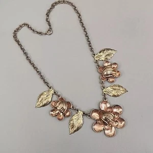 Flower Necklace Vtg Collar Choker Sterling Silver Bib Art Nouveau 15.5" - Picture 1 of 24