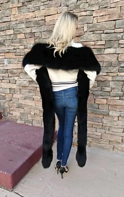 WOMAN'S HUGE GENUINE BLACK REAL FOX FUR BOA SCARF COAT 118 LENGTH FULL PELTS - Image 1 of 4