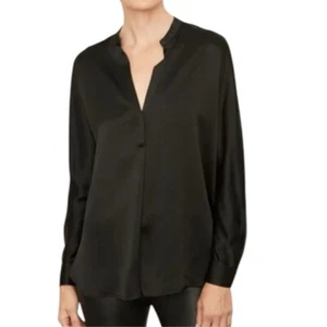 VINCE 100% Silk Band Collar Blouse Dark green Sz Large - Picture 1 of 12