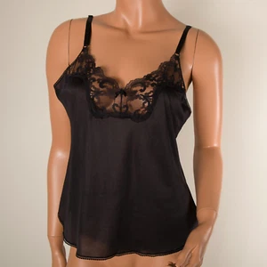 💖 Camiseta sin mangas vintage SEARS negra camisón lencería ribete de encaje 36 nueva sin etiquetas - Imagen 1 de 9