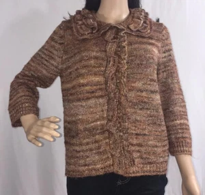 Ruby Rd. Ruffled Cardigan Small Sweater Marled Brown Snap Button Cover Up - Picture 1 of 12