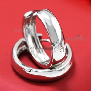 18K WHITE GOLD GF PLAIN SILVER BAND ANNIVERSARY 20MM ROUND HOOP HUGGIE EARRINGS - Picture 1 of 6