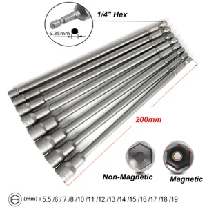 5.5mm-19mm Magnetic Hex Nut Driver Bit 1/4" Socket 200mm Long Impact Drill Bits - Picture 1 of 34