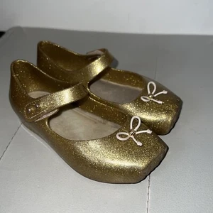 Mini Melissa Gold Tiny Bow Gold Peep Toe Mary Janes Toddler Shoes Sz 33PLAY COND - Picture 1 of 11
