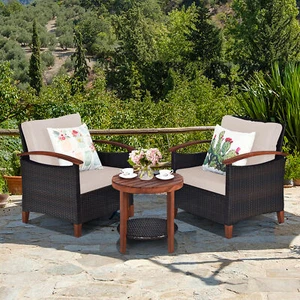 3PCS Patio Wicker Rattan Conversation Set Outdoor Furniture Set w/ Beige Cushion - Picture 1 of 10