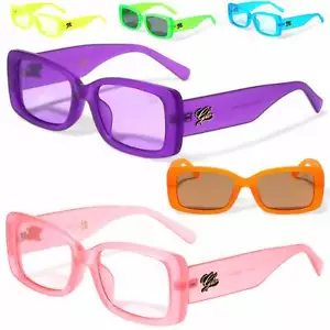 Retro Women's Rectangle Sunglasses Glo Neon Coloured Lens Chunky Frame UV400 - Picture 1 of 8