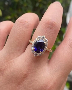 4.48 Ct Oval Cut Real Sapphire & Diamond Engagement Ring 14K Solid Yellow Gold - Picture 1 of 12