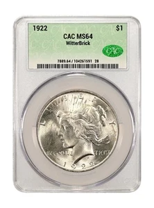 1922 Peace Dollar $1 CAC MS64, WitterBrick Label.  SKN 1591 - Picture 1 of 2