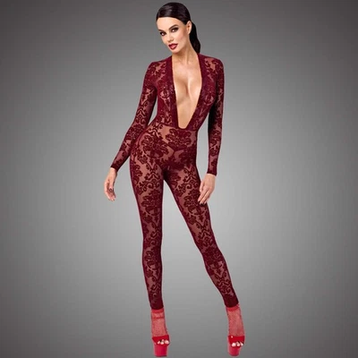 NOIR HANDMADE Catsuit aus Spitze Rot Mesh Ausschnitt Kink Royal Catsuit CLUBWEAR - Bild 1 von 4