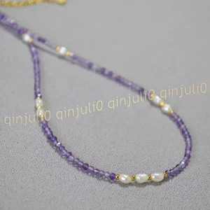 Natural Amethyst Faceted Round Gems Beads White Freshwater Pearl Necklace 14-48' - Picture 1 of 8