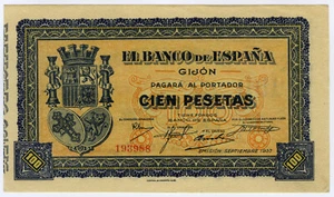 ☆ SPAIN CIVIL WAR 1937 • 100 PTS GIJON • B ESPAÑA ☆ GUERRA CIVIL ESPAÑOLA ☆D0633 - Picture 1 of 2