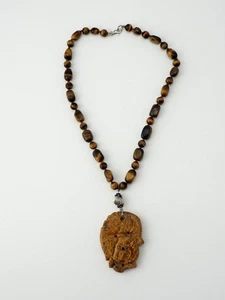 Vintage handmade tiger's eye beads carved fish gemstone Chinese pendant necklace - Picture 1 of 6