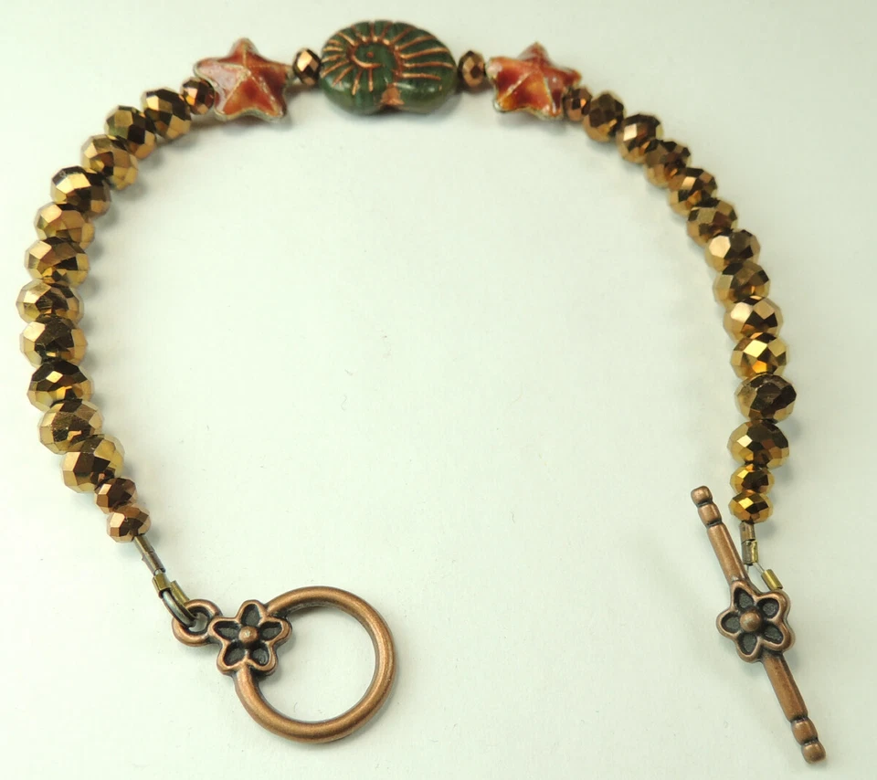 Cloisonne Starfish & Czech Glass Shell Bracelet Handmade Boho Ocean Jewelry - Image 1 of 1