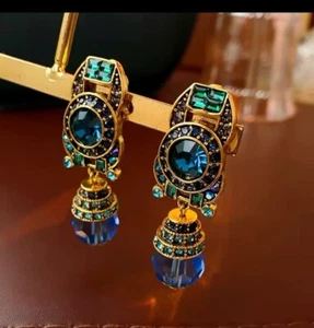 Clip On Long Blue Dangle Crystal Pageant Rhinestone Teardrop Earrings Wedding - Picture 1 of 3