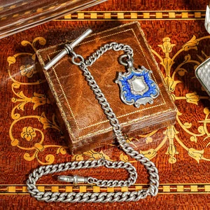 Handsome Antique Sterling Silver Pocket Watch Chain Blue Enamel Fob Leather Case - Picture 1 of 17