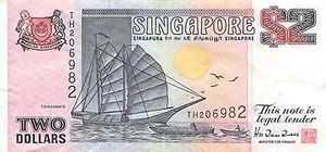 Singapore $2 ND. 1992 P 28 prefix TH circulated Banknote G. A2 - Picture 1 of 2