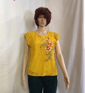 Xhilaration Women's Embroidered Lace Ruffled Top Mustard Size M - Picture 1 of 6