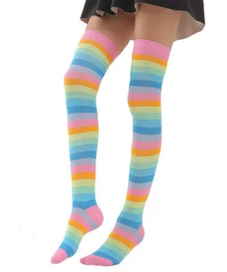 Pink Rainbow Striped Thigh High Socks for Women Cute Colorful Pride Knee High... - Picture 1 of 7