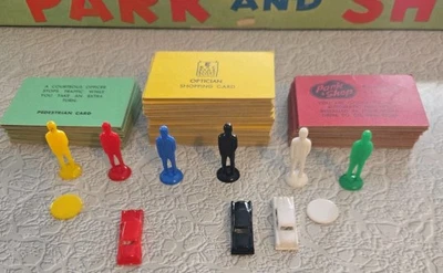 Vintage 1960 Park & Shop Board Game Replacement Pieces:  Cards Cars People Discs - Image 1 of 4