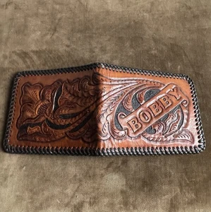 Vintage Hand Tooled Leather Bifold Wallet Black Laced Edge Bobby  Personalized - Picture 1 of 14