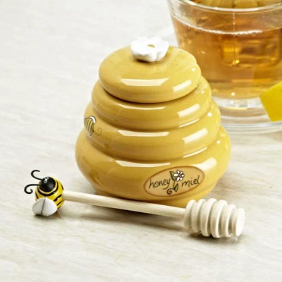 Mini Honey Pot Ceramic Jar & Wood Dipper Joie MSC Beehive with Bee - Image 1 of 4
