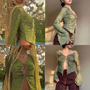 Y2K Ruffles Indie Fairy T-shirts Out Tops Button Hollow 90s Retro style - Picture 1 of 13