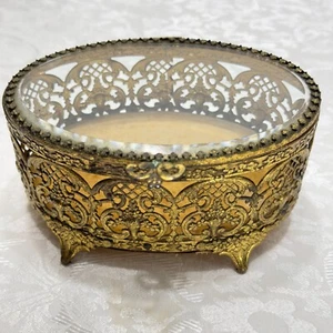 Vintage Footed Gold Filigree Ormolu Trinket Box Large Oval Beveled Glass 7" READ - Picture 1 of 13