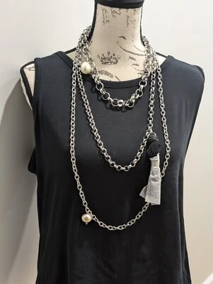 Chico's Long Faux Pearl Silver Black Tassel Necklace Costume Jewelry NWT - Image 1 of 4
