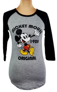 NWT~DISNEY~Womens XS~Mickey Mouse Gray & Black 3/4 Sleeve Baseball Tee Shirt - Picture 1 of 10