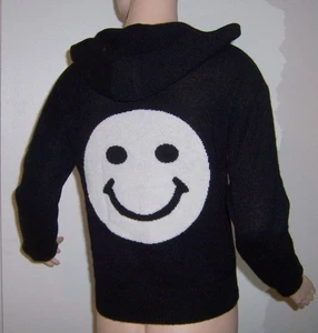 AQUA GIRLS BLACK CASHMERE SMILEY FACE HOODIE SWEATER L LARGE - Picture 1 of 4