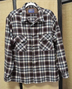 Pendleton Board Shirt Loop Collar Brown/ Blue Red Plaid USA Virgin Wool Mens XL - Picture 1 of 23