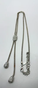 Chico's Lariat Necklace Silver Tone Popcorn Chain Pave Rhinestones 32" - 36" - Picture 1 of 8