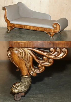 HAND CARVED FLAMED MAHOGANY GOLD GILT BRASS LIONS PAW FEET REGENCY CHAISE LOUNGE - Image 1 of 4
