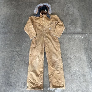 VTG Carhartt 996QZR Corduroy Collar Canvas Barn Work Coveralls With Hood Mens - Picture 1 of 12