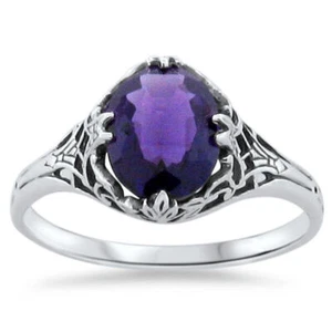 DECO ANTIQUE STYLE 925 STERLING SILVER LAB-CREATED AMETHYST FILIGREE RING   #246 - Picture 1 of 2