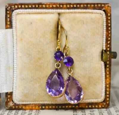 Lab-Created Amethyst 2.50Ct Pear Cut Drop Dangle Earrings 14K Yellow Gold Plated - Image 1 of 4