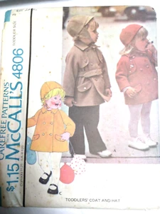 Double Breasted Coat Hat Winter 3T 3 McCall's 4806 Sewing Pattern VTG 70s Cut - Picture 1 of 6