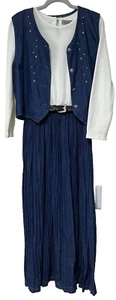 De Colección Stonebridge Maxi Escoba Falda Vestido Chaleco Cinturón Talla 12 Denim Azul EE. UU. 90s RARO - Imagen 1 de 20