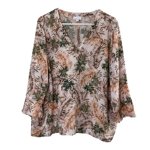 J.Jill Love Linen Womens Tropical Floral Print Blouse Large Pink Green Tan Bell - Picture 1 of 10