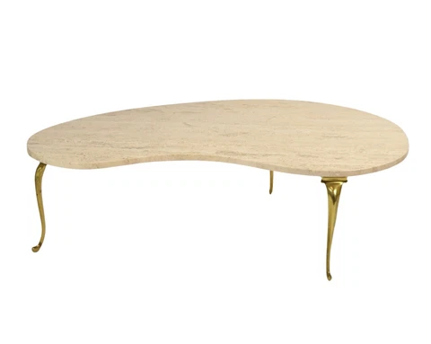 Mid-Century Modern Kidney Shaped Travertine Marble Coffee Table with Brass Legs Cover