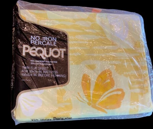 Vtg NOS Pequot flutter-bye Twin Flat Sheet Butterfly Retro Orange Yellow USA - Picture 1 of 11