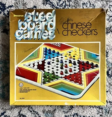 Vtg 1975 CHINESE CHECKERS Game Steel Board 58 Glass Marbles Box 4453 READ - Image 1 of 4
