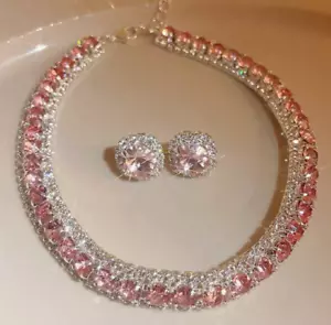 JEWELRY SET-Pink Crystal Necklace and Earrings Jewelry Set 15.7" - Picture 1 of 3