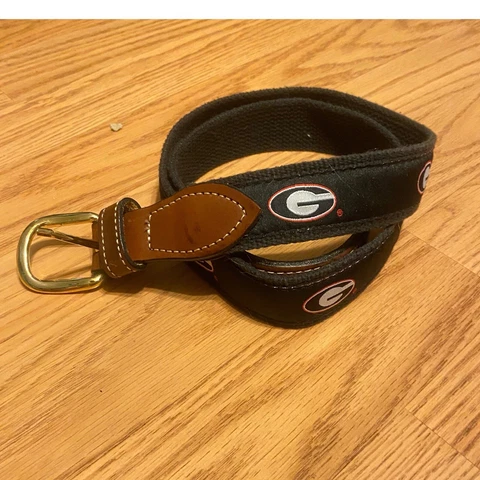 UGA Black Ribbon Belt w/ Brown Leather, Georgia Logo & Gold Buckle Size 36 Cover