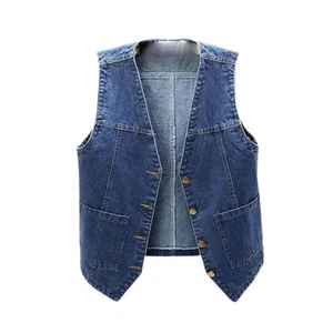 Chaleco de mezclilla para mujer Top occidental sin mangas botón cuello en V informal adelgazante camiseta sin mangas - Imagen 1 de 13